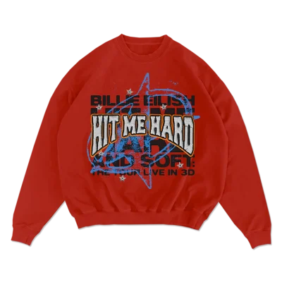 Billie Eilish Live In 3D Embroidered Star Red Crewneck