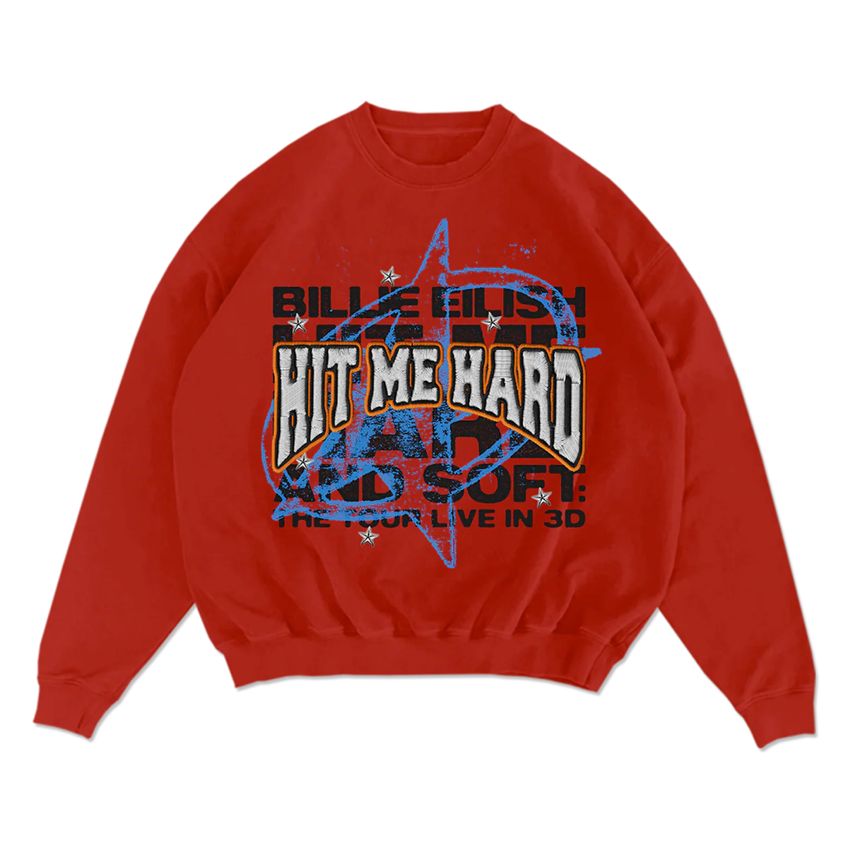 Billie Eilish Live In 3D Embroidered Star Red Crewneck